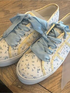 LoveShackFancy Cream Floral Sneakers with Light Blue Ribbons